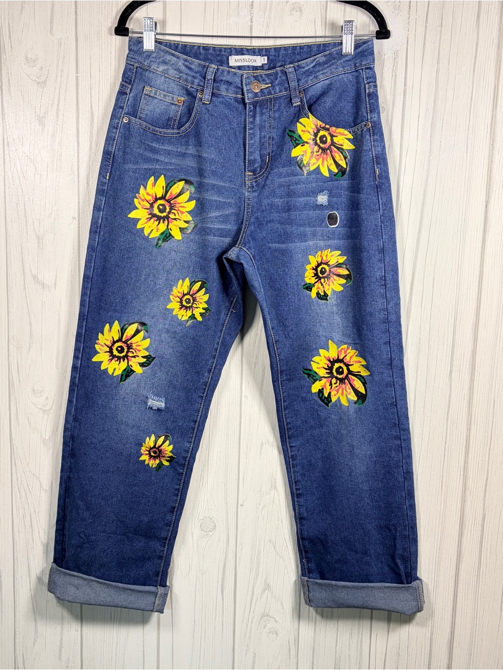 MISSLOOK Sunflower Painted High-Rise Straight Leg Jeans, Small